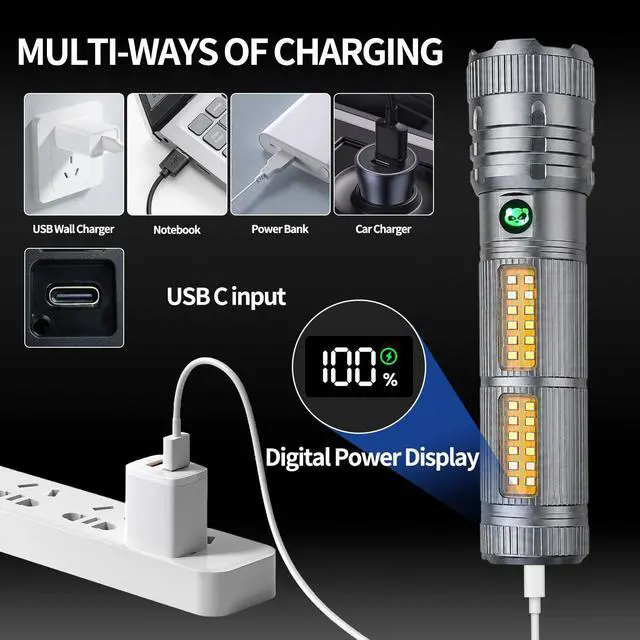Alt view image 5 of 7 - Rechargeable Flashlights High Lumens, Super Bright Tactical Flashlight 5 Modes, USB-C Charging Battery Powered Led Lights, Heavy Duty Flash Light for Camping,Car,Home,Emergency
