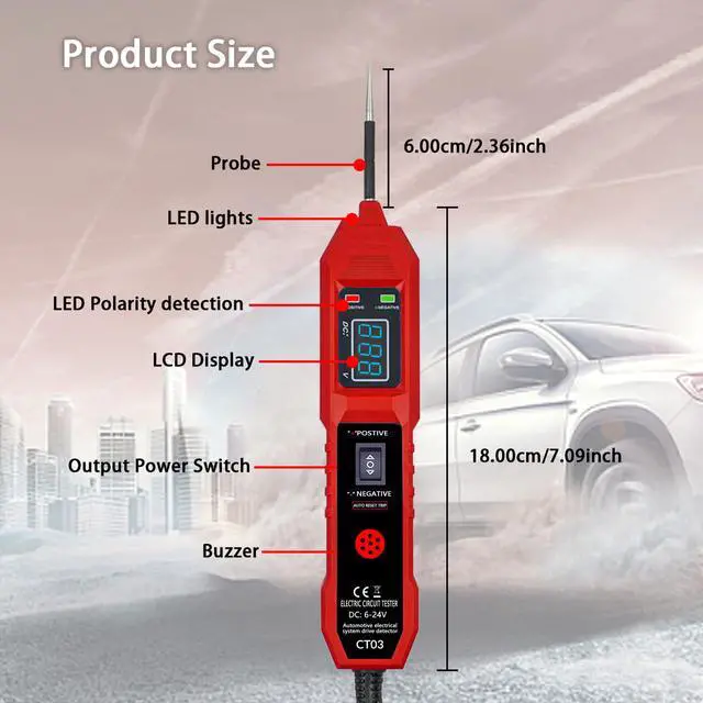 Alt view image 4 of 6 - CT03 Power Circuit Tester, 6-24V DC Test Light Short Circuit, Automotive Component Electrical Polarity Identify Continuity Tester, Overload Protection