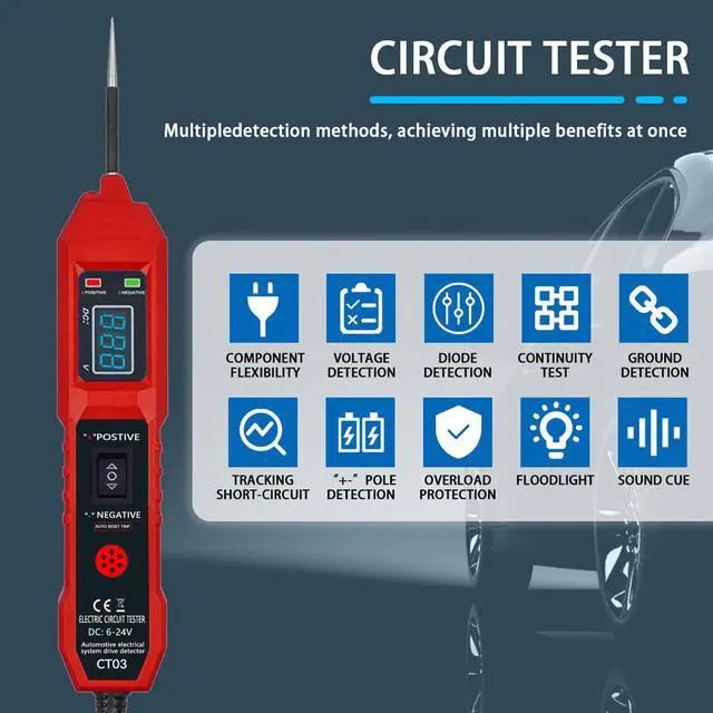 Alt view image 5 of 6 - CT03 Power Circuit Tester, 6-24V DC Test Light Short Circuit, Automotive Component Electrical Polarity Identify Continuity Tester, Overload Protection