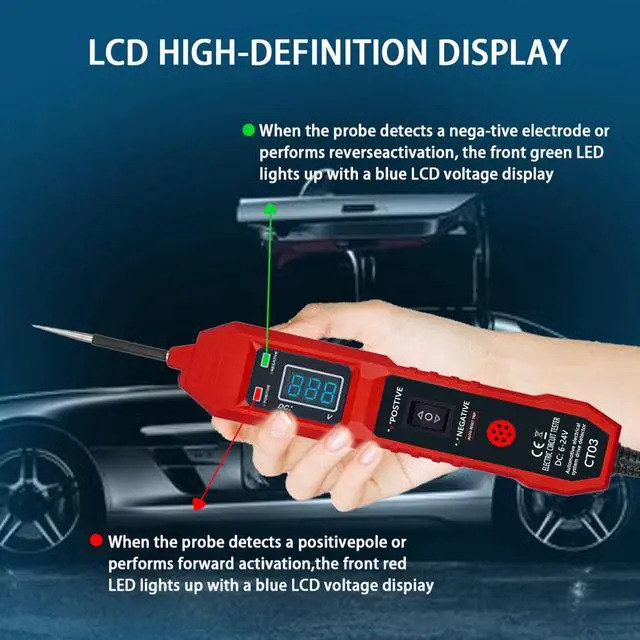 Alt view image 3 of 6 - CT03 Power Circuit Tester, 6-24V DC Test Light Short Circuit, Automotive Component Electrical Polarity Identify Continuity Tester, Overload Protection