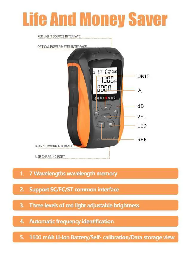 Alt view image 6 of 7 - Optical Power Meter with Visual Fault Locator, Fiber Light Meter with Cable Tester Function and Li-ion Battery USB Charge for FC/SC/ST Universal Interface