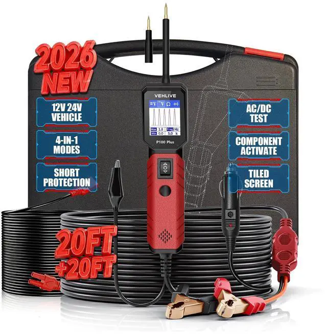 Main image of P100 Plus Automotive Power Circuit Probe Tester,12V 24V Car Automotive Diagnostic Test Tool, Digital Volt Ohm Meter W/Overload Protection, Circuit Fault Finder w/ 40FT Cable & Angled Screen