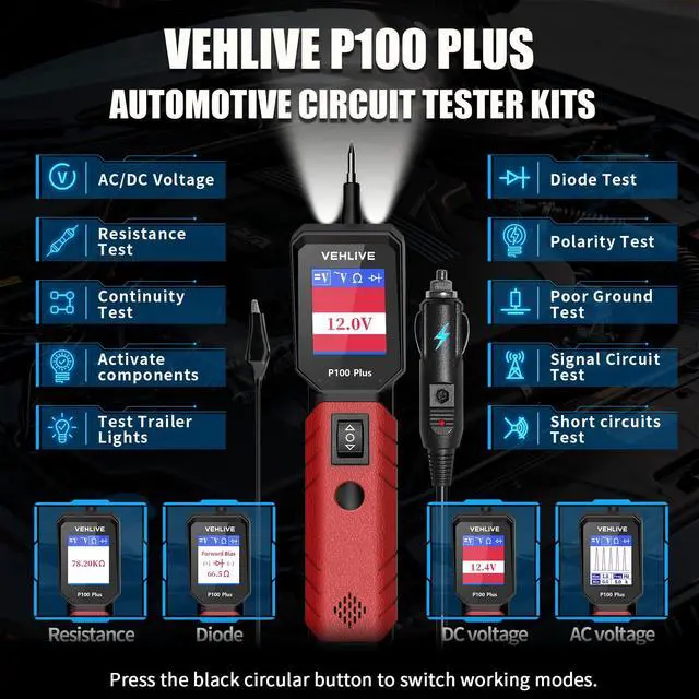 Alt view image 3 of 7 - P100 Plus Automotive Power Circuit Probe Tester,12V 24V Car Automotive Diagnostic Test Tool, Digital Volt Ohm Meter W/Overload Protection, Circuit Fault Finder w/ 40FT Cable & Angled Screen