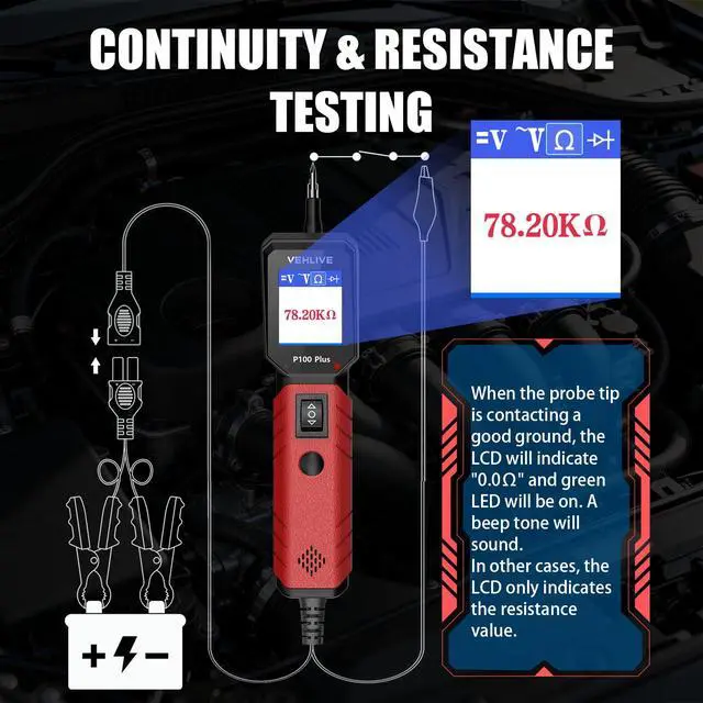 Alt view image 6 of 7 - P100 Plus Automotive Power Circuit Probe Tester,12V 24V Car Automotive Diagnostic Test Tool, Digital Volt Ohm Meter W/Overload Protection, Circuit Fault Finder w/ 40FT Cable & Angled Screen