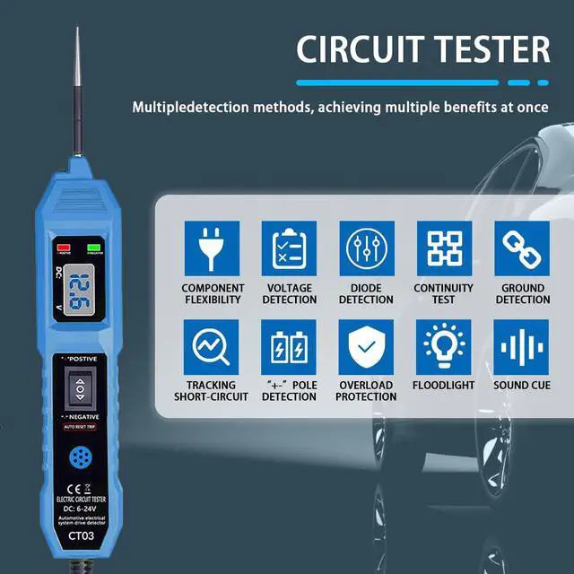 Alt view image 6 of 7 - CT03 Power Circuit Tester, 6-24V DC Test Light Short Circuit, Automotive Component Electrical Polarity Identify Continuity Tester, Overload Protection
