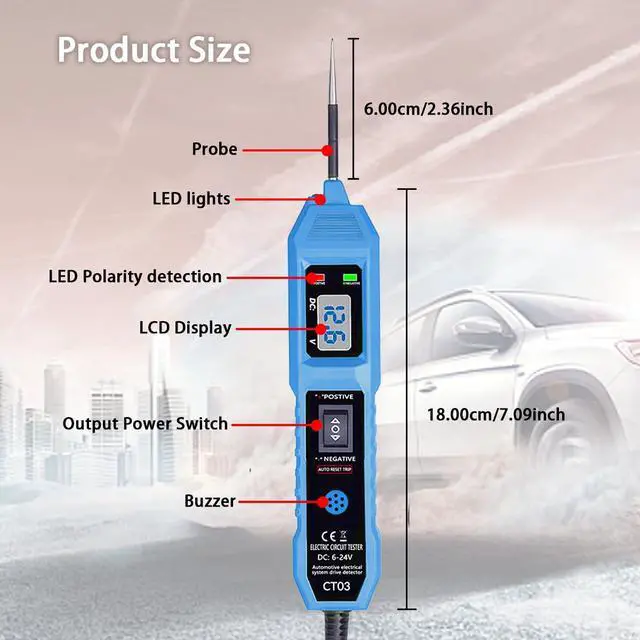 Alt view image 3 of 7 - CT03 Power Circuit Tester, 6-24V DC Test Light Short Circuit, Automotive Component Electrical Polarity Identify Continuity Tester, Overload Protection