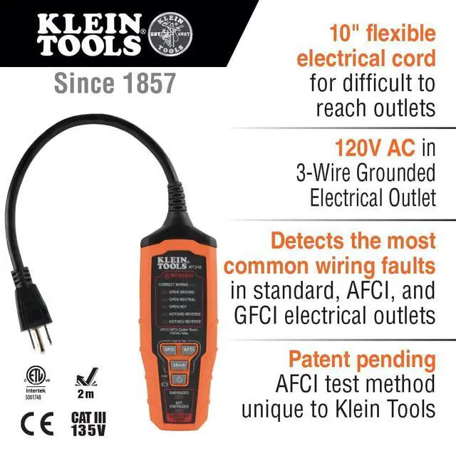 Alt view image 3 of 7 - RT310 Outlet Tester, AFCI and GFCI Receptacle Tester for North American AC Electrical Outlets