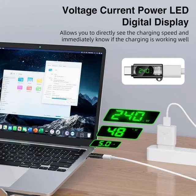 Alt view image 2 of 7 - 240W USB C Adapter Power Meter Tester, 2 Pack Voltage Current Power LED Digital Display, 80 Gbps Type C Male to Female Extension Connector for iPhone 15/16, MacBook, iPad & More USB C Cables/Devices