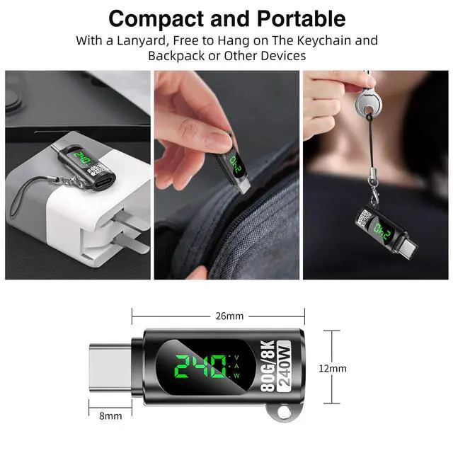 Alt view image 7 of 7 - 240W USB C Adapter Power Meter Tester, 2 Pack Voltage Current Power LED Digital Display, 80 Gbps Type C Male to Female Extension Connector for iPhone 15/16, MacBook, iPad & More USB C Cables/Devices