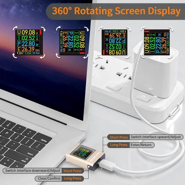Alt view image 5 of 7 - USB C Power Meter Tester, Multimeter 4.5-50V 0-12A Two-Way Measurement Gravity Sensor Voltage Current Capacity Amp Volt Voltmeter Ammeter Digital Tester for Chargers Power Bank Cable Copper