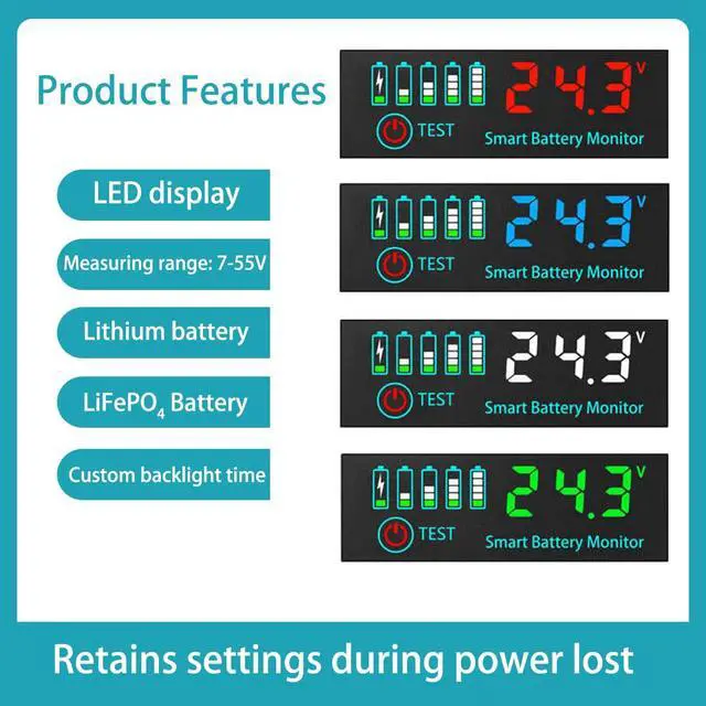 Alt view image 2 of 6 - 2-Pack White LED Battery Voltage Tester Module, 7-55V DC Battery Level Indicator for Lithium/LiFePO4/Lead-Acid Batteries, Custom Voltage Settings, Low Power Backlight