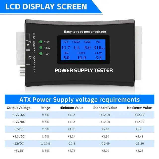 Alt view image 2 of 7 - Computer PC Power Supply Tester, ATX Power Supply Host Inspection Maintenance Tool, PSU Tester, Detect with 20/24 Pin LCD Display for ATX,BTX,ITX,TFX.