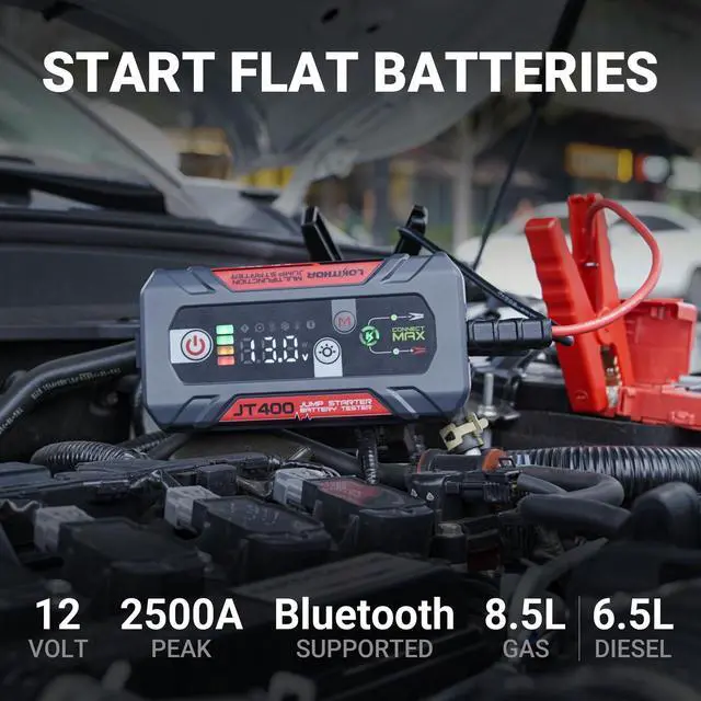 Alt view image 2 of 7 - JT400 2500A Portable Jump Starter with 1002000 CCA Battery Tester, 12V Car Battery Jump Starter for Up to 8.5L Gas or 6.5L Diesel Engines, Smart Bluetooth Automotive Battery Load Tester