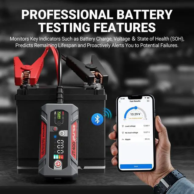 Alt view image 4 of 7 - JT400 2500A Portable Jump Starter with 1002000 CCA Battery Tester, 12V Car Battery Jump Starter for Up to 8.5L Gas or 6.5L Diesel Engines, Smart Bluetooth Automotive Battery Load Tester