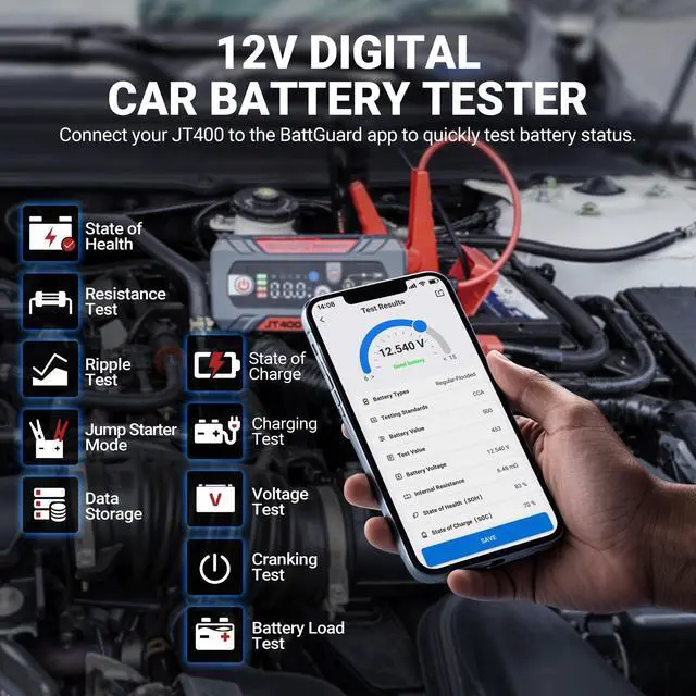Alt view image 3 of 7 - JT400 2500A Portable Jump Starter with 1002000 CCA Battery Tester, 12V Car Battery Jump Starter for Up to 8.5L Gas or 6.5L Diesel Engines, Smart Bluetooth Automotive Battery Load Tester