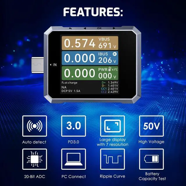 Alt view image 2 of 7 - USB-C Voltage Current Power Tester 240W, PD 3.1 EPR USB 4 Tester Meter, Fast Charge Protocol Analyzer with E-Marker Reader, TFT Display, PD Monitor, Diagnostic Tool