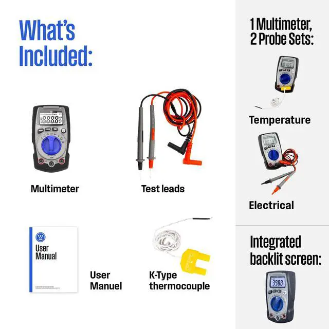 Alt view image 3 of 7 - 600V True RMS Auto-Ranging Multimeter with Backlight and MAX/MIN; Measures Voltage Current Resistance Capacitance Frequency Temperature; 2-Year Warranty; Professional & DIY Use