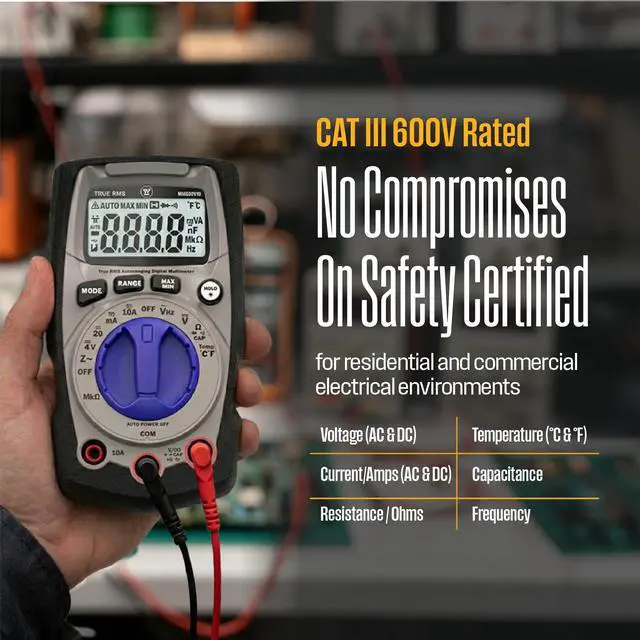 Alt view image 2 of 7 - 600V True RMS Auto-Ranging Multimeter with Backlight and MAX/MIN; Measures Voltage Current Resistance Capacitance Frequency Temperature; 2-Year Warranty; Professional & DIY Use