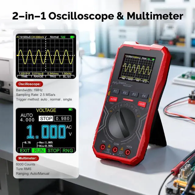 Alt view image 2 of 6 - 2-in-1 Handheld Oscilloscope Multimeter Auto-Ranging Digital Tester