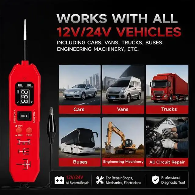 Alt view image 7 of 7 - 3-in-1 Automotive Power Circuit Probe & Relay Tester 12V 24V Electrical Test Light Tool, Car Fuse Tester Kit with Voltage Detector, Digital Circuit Tester for Vehicle Power Testingred