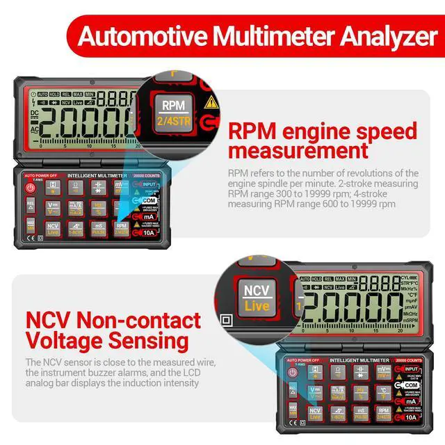 Alt view image 7 of 7 - 20000 Count Digital Multimeter, 300-19999 RPM Automotive Tachometer