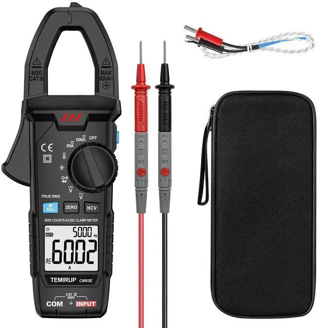 Main image of Digital Clamp Meter Multimeter TRMS 6000 Counts 600A Auto-ranging Amp Meter with Flashlight Backlight, Measures NCV, AC/DC Voltage Current, Continuity Capacitance Diode Resistance, Temperature