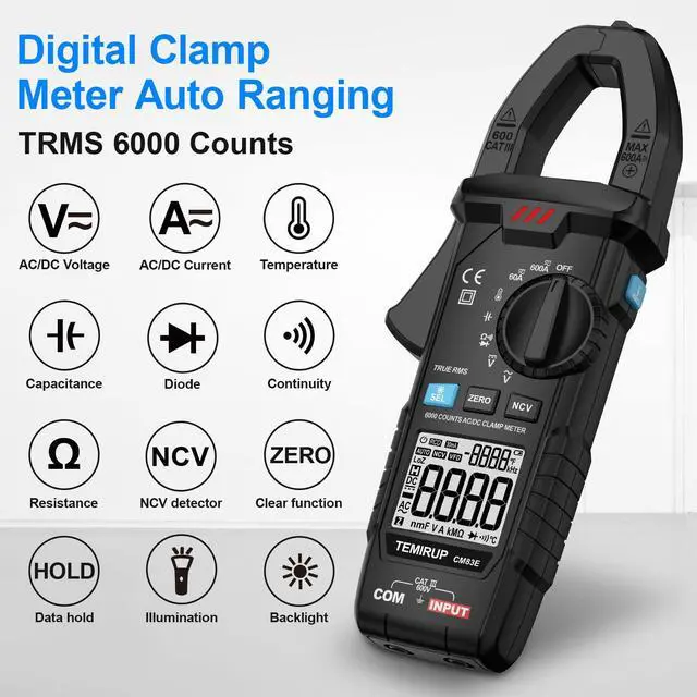 Alt view image 2 of 7 - Digital Clamp Meter Multimeter TRMS 6000 Counts 600A Auto-ranging Amp Meter with Flashlight Backlight, Measures NCV, AC/DC Voltage Current, Continuity Capacitance Diode Resistance, Temperature