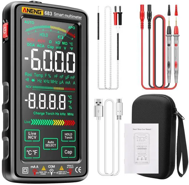 Main image of Smart Multimeter, Smart Digital multimeter Tester with Touch Screen 6000 Counts Auto Ranging Rechargeable multimeter A Reverse Display NCV Tester with Flashlight for Electricians,DIY (Black)