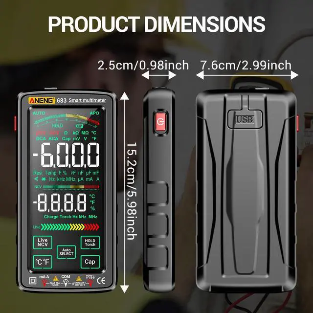 Alt view image 2 of 7 - Smart Multimeter, Smart Digital multimeter Tester with Touch Screen 6000 Counts Auto Ranging Rechargeable multimeter A Reverse Display NCV Tester with Flashlight for Electricians,DIY (Black)
