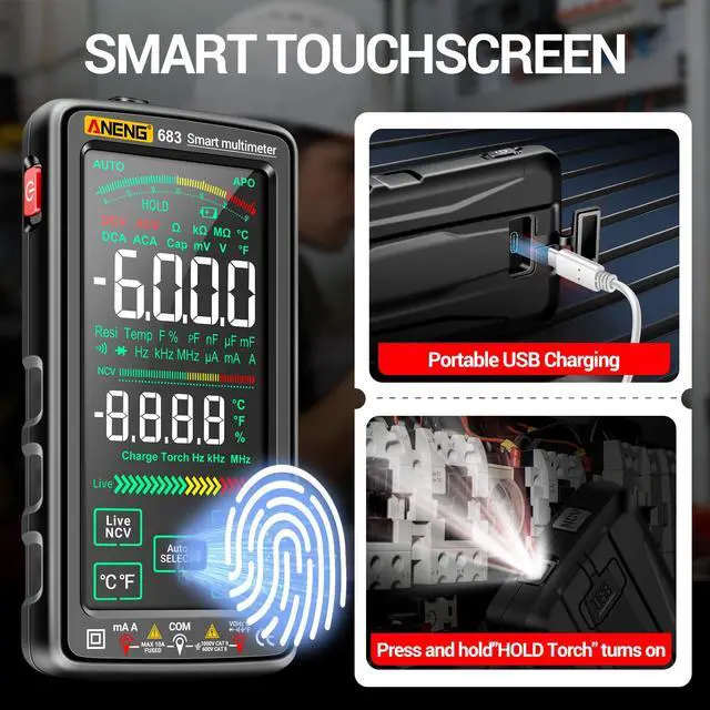 Alt view image 3 of 7 - Smart Multimeter, Smart Digital multimeter Tester with Touch Screen 6000 Counts Auto Ranging Rechargeable multimeter A Reverse Display NCV Tester with Flashlight for Electricians,DIY (Black)