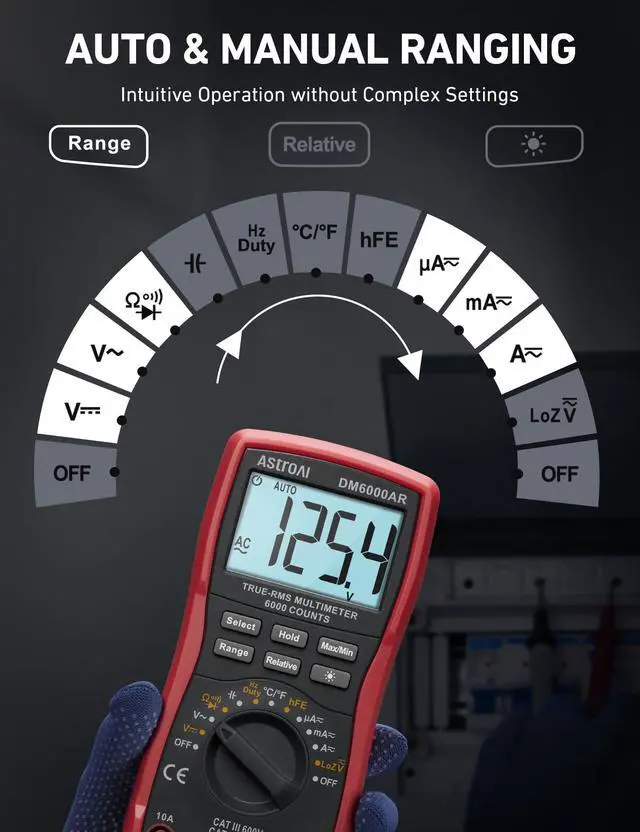 Alt view image 4 of 7 - Digital Multimeter, True RMS 6000 Counts Auto-Ranging Volt Meter for Automotive & Home Electrical Troubleshooting, AC/DC Voltage Current Resistance Continuity Capacitance Temp Tester, Black