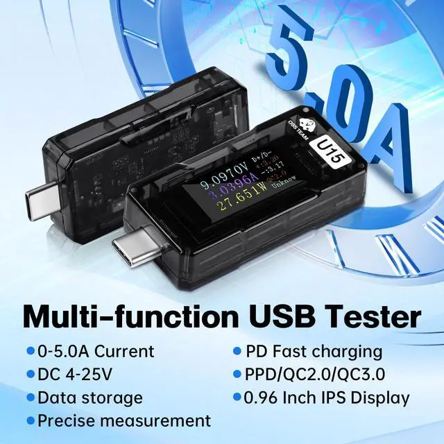 Alt view image 2 of 7 - USB C Power Meter Tester, Digital Multimeter with Color Screen, 4-25V/5A Voltage Current Monitor, Supports PD3.0 QC3.0 Fast Charging Protocols