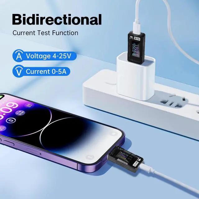 Alt view image 6 of 7 - USB C Power Meter Tester, Digital Multimeter with Color Screen, 4-25V/5A Voltage Current Monitor, Supports PD3.0 QC3.0 Fast Charging Protocols