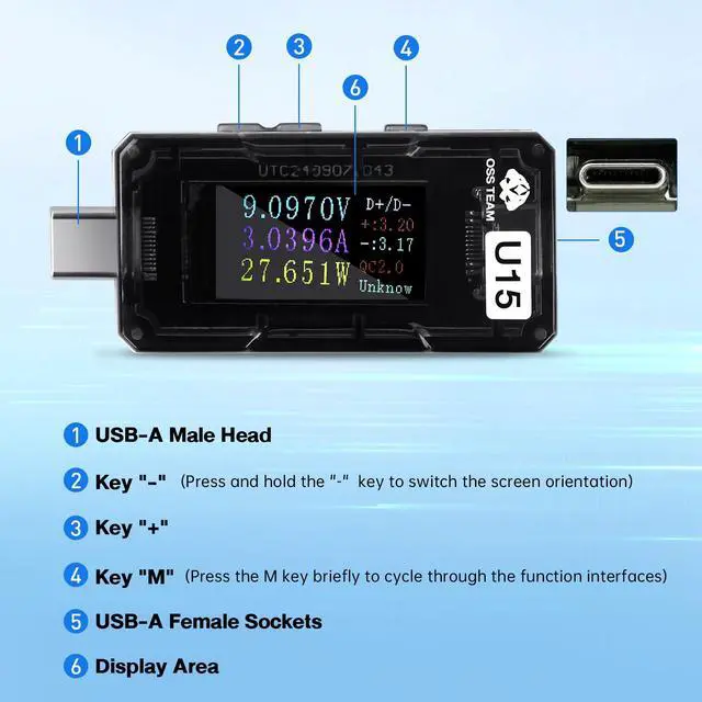Alt view image 7 of 7 - USB C Power Meter Tester, Digital Multimeter with Color Screen, 4-25V/5A Voltage Current Monitor, Supports PD3.0 QC3.0 Fast Charging Protocols