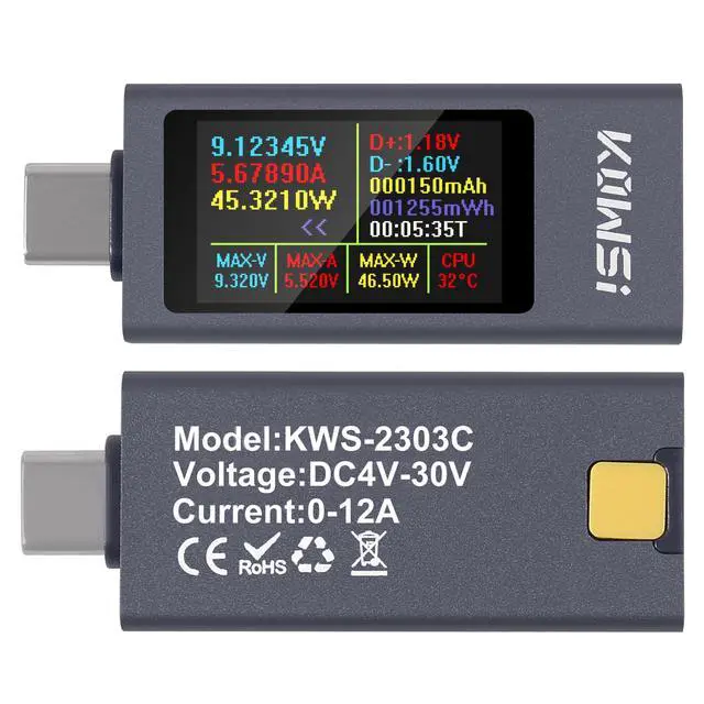 Alt view image 7 of 7 - 1PCS USB C Tester Power Meter, 4-30V 0-12A Type-C PD Tester Digital Multimeter, Voltage and Current Tester Meter Voltmeter, Power Bank Capacity USB Cable Charger Detector (KWS-2303C)