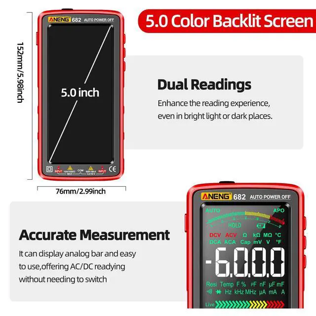 Alt view image 2 of 7 - Multimeter Tester,5.0 Inch Color LCD,TRMS 6000 Count NCV Voltmeter