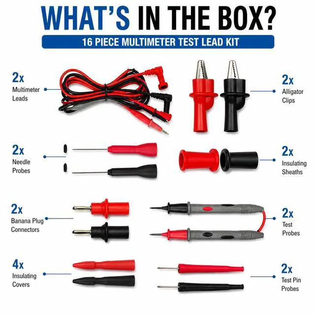 Alt view image 2 of 5 - Professional Multimeter Test Leads Kit 1000V 10A CAT III/IV Includes Replaceable Gold-Plated Sharp Needle Probes, Alligator Clips, and Banana Plug Extension Cables for Electrical Testing