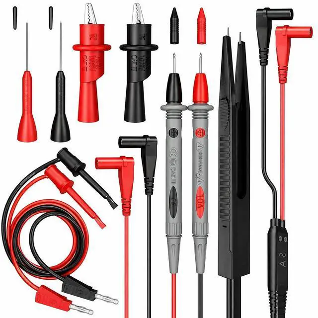 Main image of Professional Multimeter Test Leads Kit 1000V 10A CAT III/IV Includes Replaceable Gold-Plated Sharp Needle Probes, Alligator Clips, and Banana Plug Extension Cables for Electrical Testing