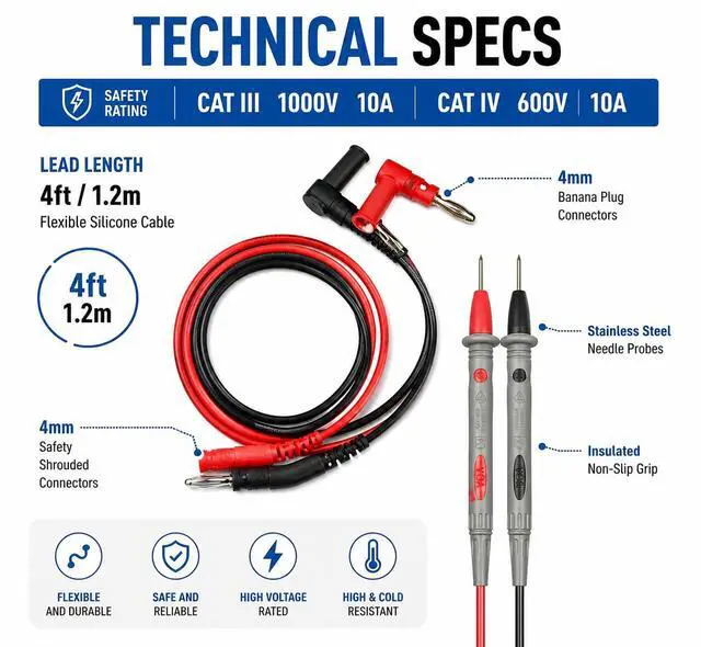 Alt view image 3 of 5 - Professional Multimeter Test Leads Kit 1000V 10A CAT III/IV Includes Replaceable Gold-Plated Sharp Needle Probes, Alligator Clips, and Banana Plug Extension Cables for Electrical Testing