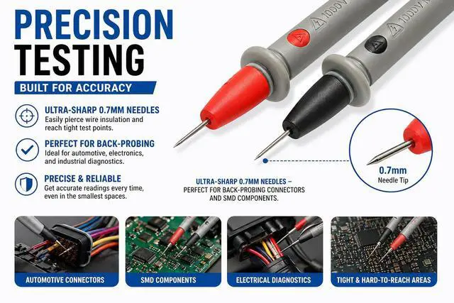 Alt view image 5 of 5 - Professional Multimeter Test Leads Kit 1000V 10A CAT III/IV Includes Replaceable Gold-Plated Sharp Needle Probes, Alligator Clips, and Banana Plug Extension Cables for Electrical Testing