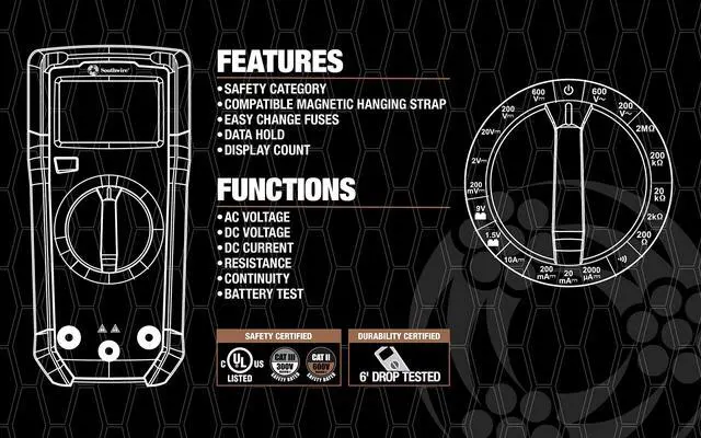 Alt view image 3 of 5 - Multimeter Manual Range - 7 Functions & 19 Ranges - Double-Molded Rugged Housing - Battery Test - CAT III 300V Safety Rating