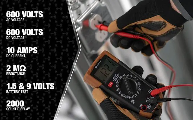 Alt view image 4 of 5 - Multimeter Manual Range - 7 Functions & 19 Ranges - Double-Molded Rugged Housing - Battery Test - CAT III 300V Safety Rating