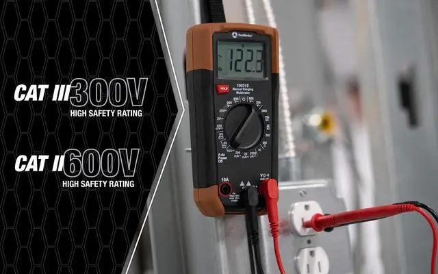 Alt view image 5 of 5 - Multimeter Manual Range - 7 Functions & 19 Ranges - Double-Molded Rugged Housing - Battery Test - CAT III 300V Safety Rating