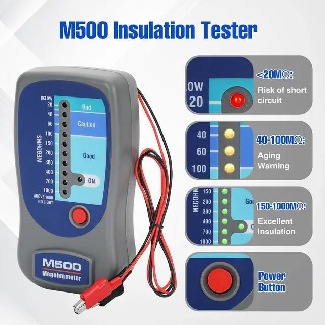 Alt view image 3 of 7 - M500 Megohmmeter for Insulation Testing,Compatible with Compressor Tester HVAC, Multimeter Tester, Battery Operated, 20-1000 Megohms at 500 Volts,with Soft Carrying Case