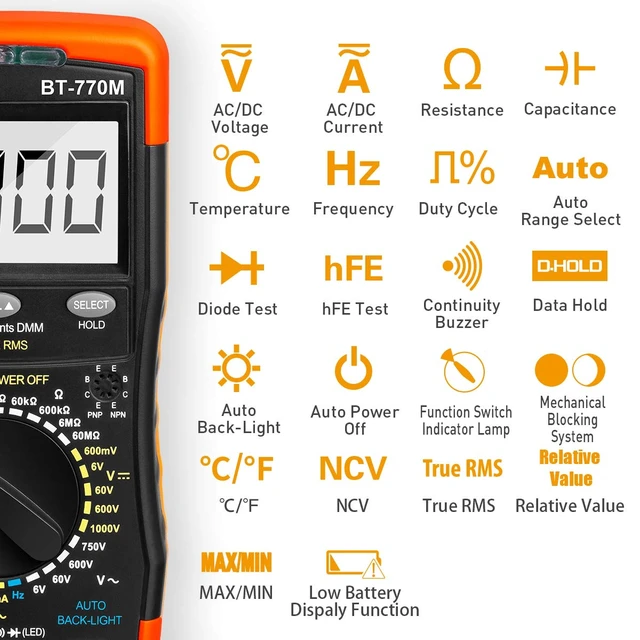 Alt view image 5 of 7 - Digital Multimeter TRMS 6000 Count, BT-770M Auto/Manual Ranging DMM Electrical Meter Tester for AC/DC Amp, AC/DC Volt, Ohm Capacitance Frequency Continuity Temperature NCV, Auto Backlight