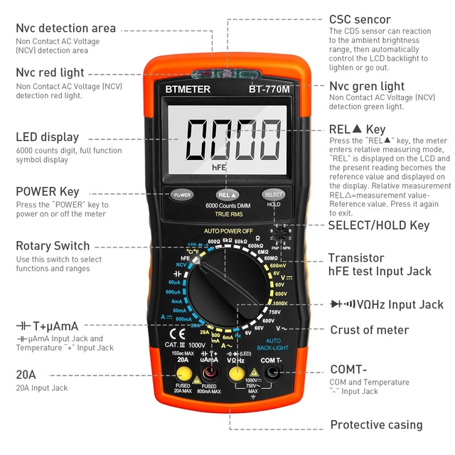 Alt view image 6 of 7 - Digital Multimeter TRMS 6000 Count, BT-770M Auto/Manual Ranging DMM Electrical Meter Tester for AC/DC Amp, AC/DC Volt, Ohm Capacitance Frequency Continuity Temperature NCV, Auto Backlight