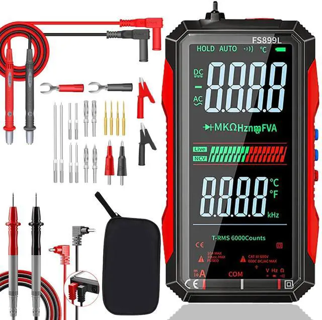 Main image of FS899L Digital Multimeter, 2026 Upgraded, 6000 Counts True RMS, Auto-Ranging, AC/DC Voltage, NCV, Capacitance Tester, Color Screen, USB-C Rechargeable, with 22pcs Silicone Test Leads Kit