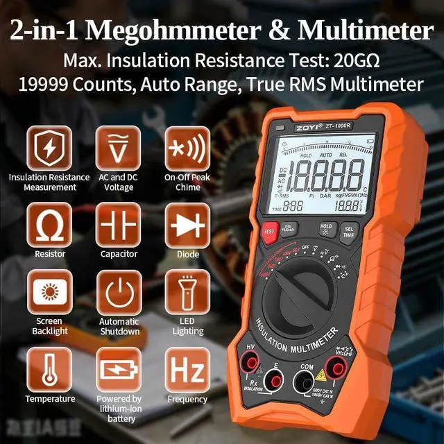 Alt view image 3 of 7 - ZT-1000R 2 in 1 Megohmmeter Multimeter, 50V/100V/250V/500V/1000V 5 Gear with DAR&PI, Insulation Resistance up to 20G, 19999 Counts Auto Range T-RMS, V,,C,FREQ,Temp, Diode,Continuity Tester