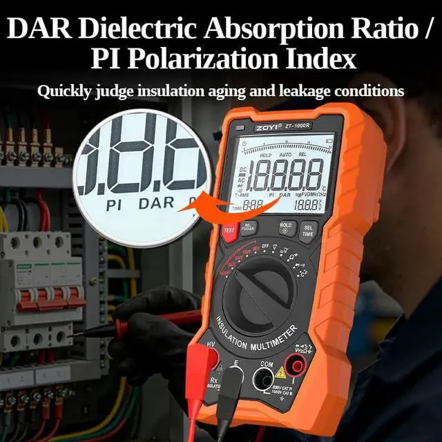 Alt view image 5 of 7 - ZT-1000R 2 in 1 Megohmmeter Multimeter, 50V/100V/250V/500V/1000V 5 Gear with DAR&PI, Insulation Resistance up to 20G, 19999 Counts Auto Range T-RMS, V,,C,FREQ,Temp, Diode,Continuity Tester