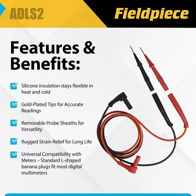 Alt view image 2 of 5 - ADLS2 - Deluxe Silicone Test Leads - Professional HVAC/R Multimeter Lead Set with Gold-Plated Tips - Basket Style Strain Relief with Industry Standard L-Shaped Banana Plug Type